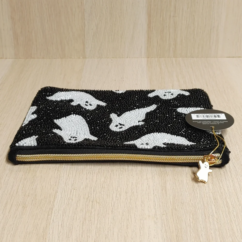 Beaded Ghosts Halloween Pouch Clutch Black 6